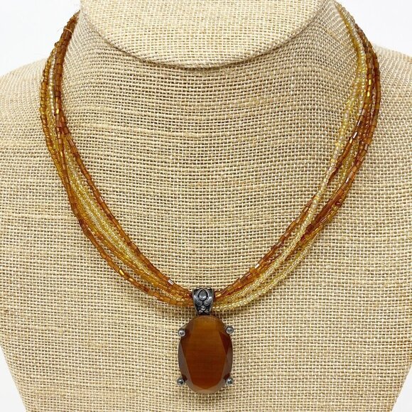 Brown Stone Pendant on 5 Layers of Beaded Necklace - Picture 1 of 5